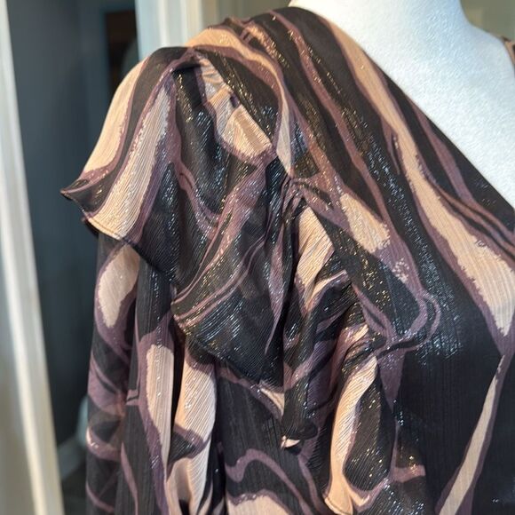 NWT TED BAKER JASMYNA RUFFLE-NECK TOP TIE-WAIST ABSTRACT BLACK MULTI TED SIZE 3 - Picture 4 of 13